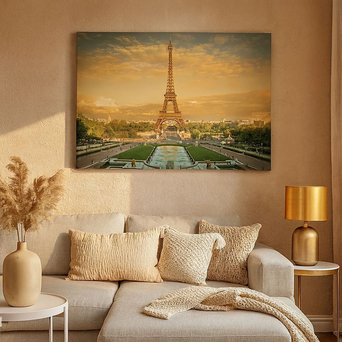 Tablou pe pânză Canvas - Turnul Eiffel din Paris la apus - 70x50cm - Simbolul Parisului - Decorațiune modernă pentru perete pentru living și dormitor ARTTOR