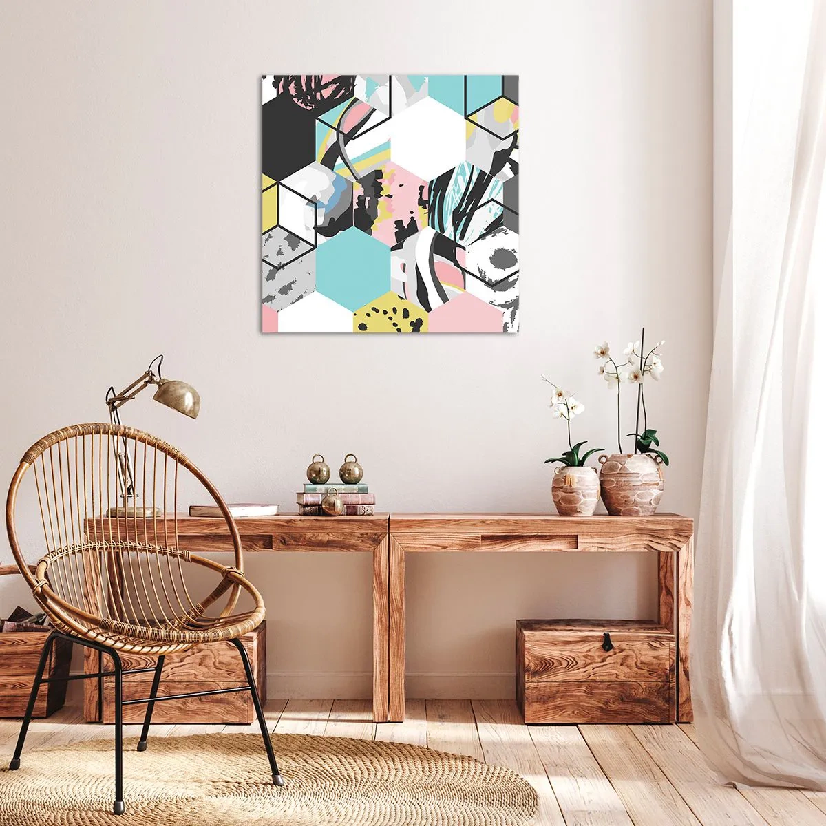 Tablou pe pânză - Hexagoane și cuburi în șase culori - 60x60 cm