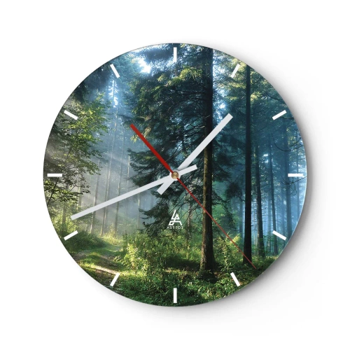 Ceas de perete - Ceas pe sticlă - Ceață de dimineață în pădure cu raze de soare - 30x30cm - Strălucirea de dimineață - Decorațiune modernă pentru perete pentru living, bucătărie și dormitor ARTTOR