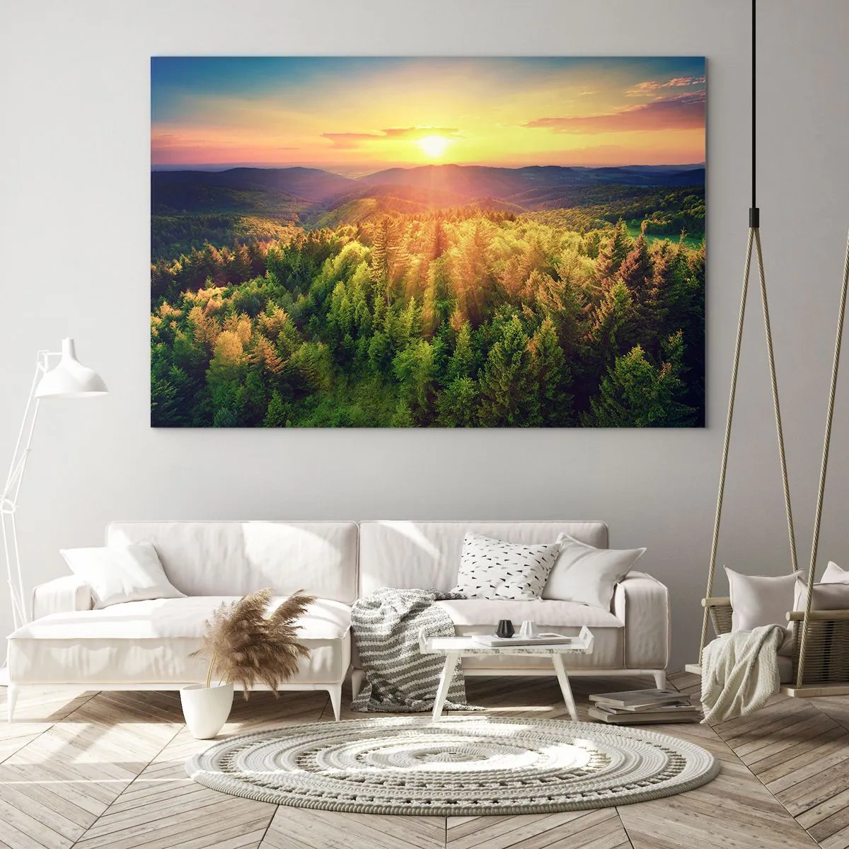 Tablou pe sticlă - Apus de soare peste o pădure de munte cu vedere la văi - 70x50cm - Vârfuri și culmi - Decorațiune modernă pentru perete pentru living și dormitor ARTTOR