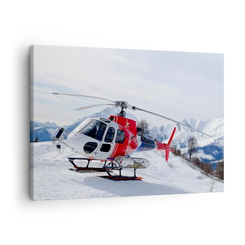 Tablou pe pânză Canvas - Un elicopter roșu pe fundalul unui peisaj montan înzăpezit. - 70x50cm - Întotdeauna gata - Decorațiune modernă pentru perete pentru living și dormitor ARTTOR