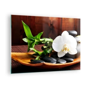 Tablou pe sticlă - Orhidee albă pe pietre negre și bambus într-un bol de lemn - 70x50cm - Lasă natura să te atingă - Decorațiune modernă pentru perete pentru living și dormitor ARTTOR