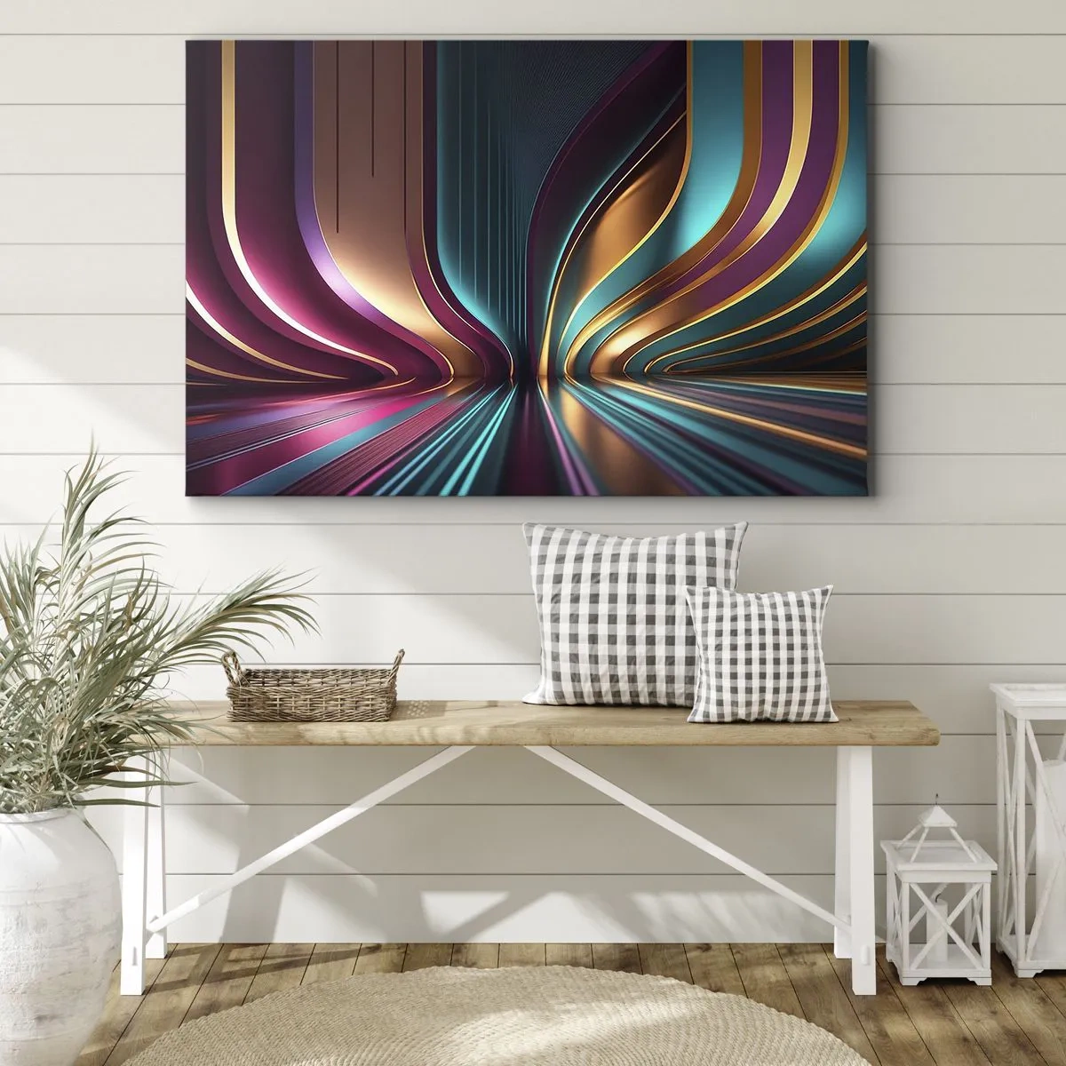 Tablou pe pânză Canvas - Abstracție futuristă cu culori și curbe intense - 70x50cm - Arhitectură de lumină - Decorațiune modernă pentru perete pentru living și dormitor ARTTOR