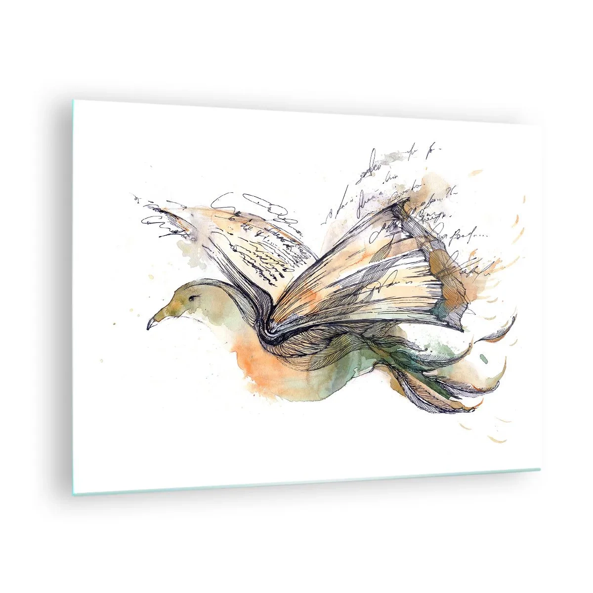 Tablou pe sticlă - O pasăre dintr-o carte derulată, o metaforă artistică pentru cunoaștere - 70x50cm - Pe aripile poeziei - Decorațiune modernă pentru perete pentru living și dormitor ARTTOR