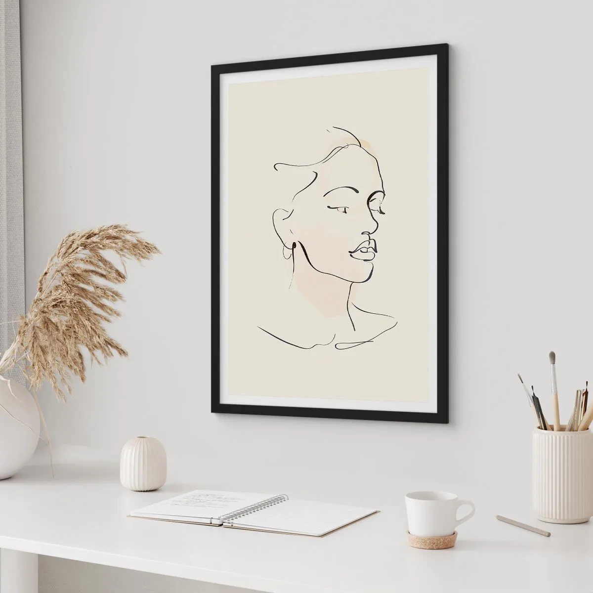 Poster în ramă neagră - Portretul unei femei într-un stil minimalist de artă liniară - 50x70cm - Cu o linie sigură - Decorațiune modernă pentru perete pentru living și dormitor ARTTOR
