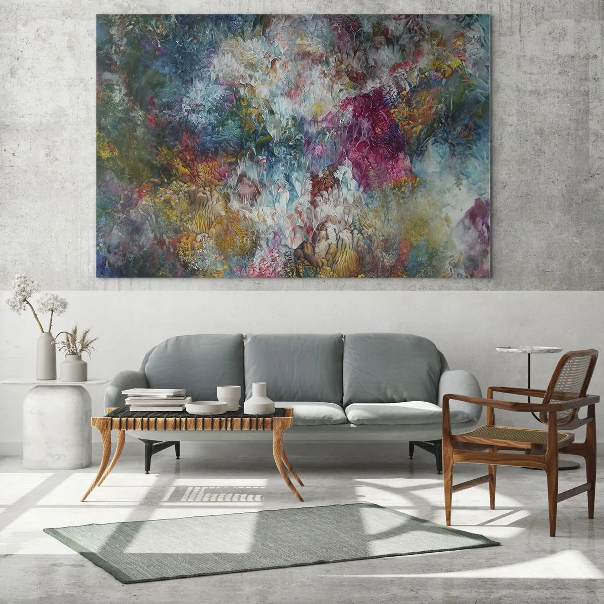 Tablou pe sticlă - O compoziție abstractă de flori colorate în culori intense. - 70x50cm - În plină înflorire - Decorațiune modernă pentru perete pentru living și dormitor ARTTOR