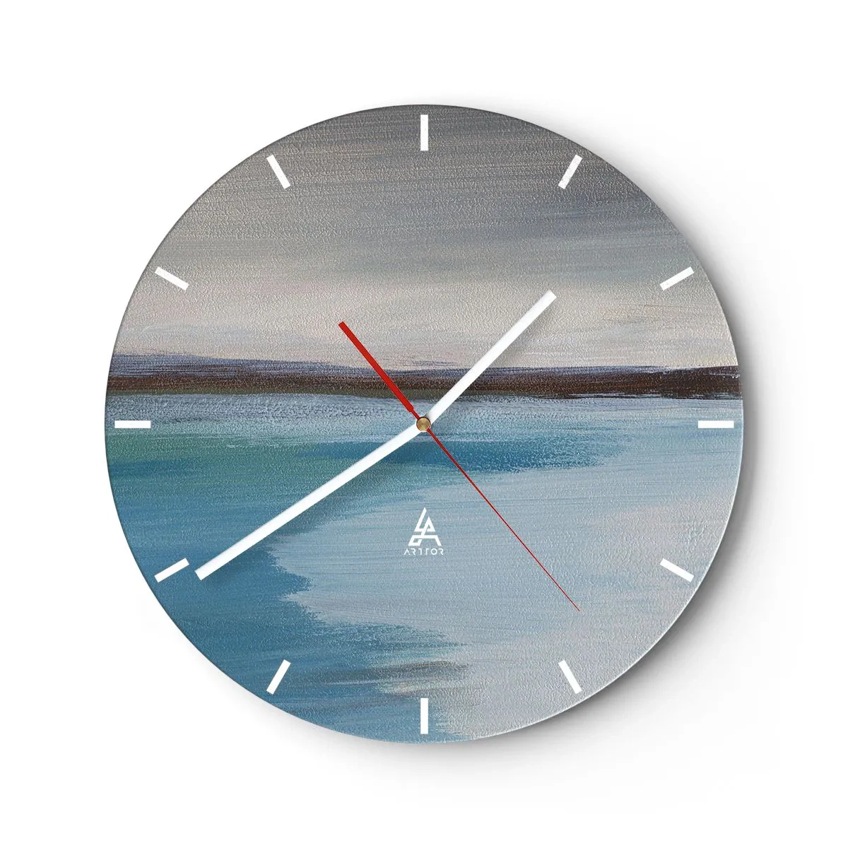 Ceas de perete - Ceas pe sticlă - Peisaj abstract cu apă albastră și cer pastelat - 30x30cm - Peisaj orizontal - Decorațiune modernă pentru perete pentru living, bucătărie și dormitor ARTTOR