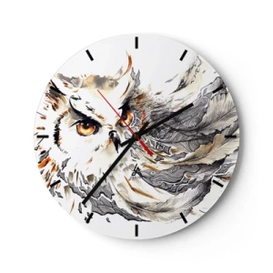 Ceas de perete - Ceas pe sticlă - O bufniță cu o privire intensă, înconjurată de pene artistice - 30x30cm - Ea a venit din lumea magiei - Decorațiune modernă pentru perete pentru living, bucătărie și dormitor ARTTOR