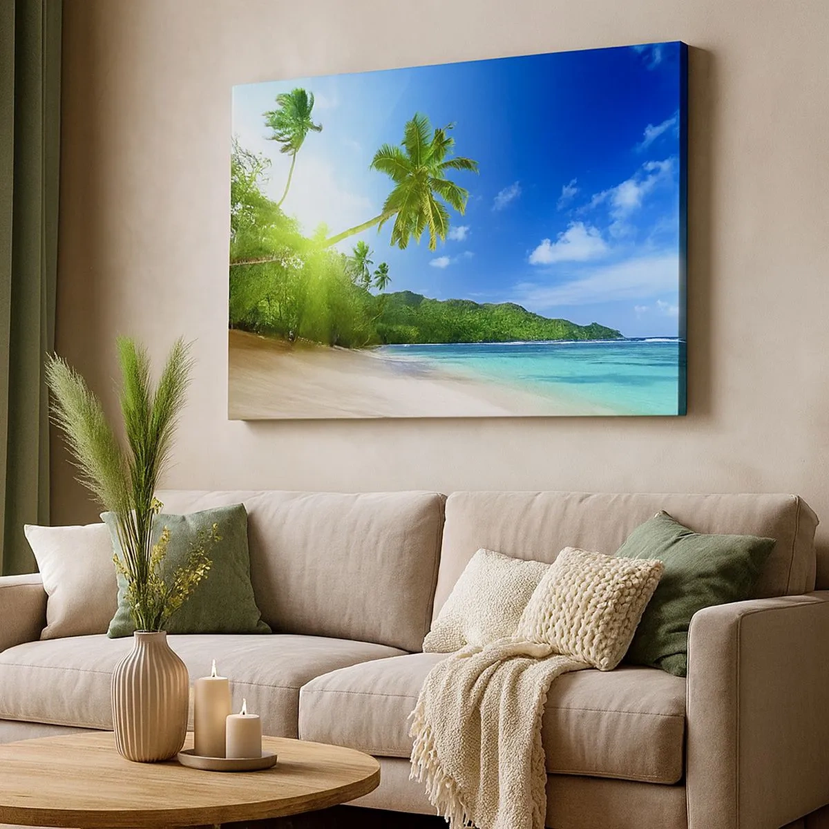 Tablou pe pânză Canvas - Plajă tropicală cu palmieri și mare turcoaz - 70x50cm - O atingere blândă a tropicelor - Decorațiune modernă pentru perete pentru living și dormitor ARTTOR