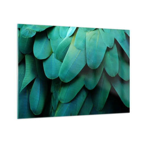 Tablou pe sticlă - Un prim-plan al penelor de un verde intens ale unui papagal. - 70x50cm - Precizia naturii papagalicești - Decorațiune modernă pentru perete pentru living și dormitor ARTTOR
