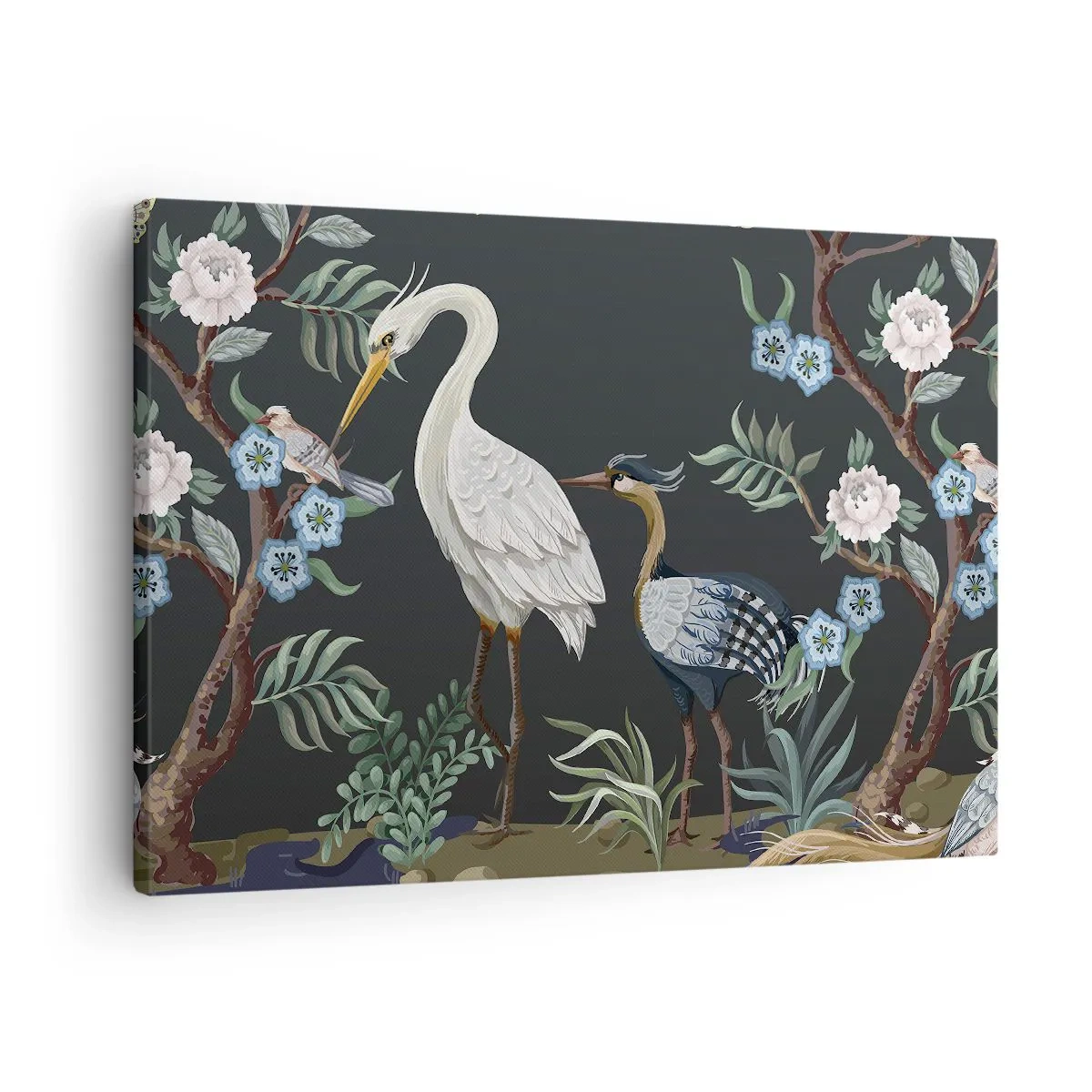 Tablou pe pânză Canvas - Păsări și plante pictate pe un fundal întunecat, cu un model elegant - 70x50cm - Parada păsărilor - Decorațiune modernă pentru perete pentru living și dormitor ARTTOR