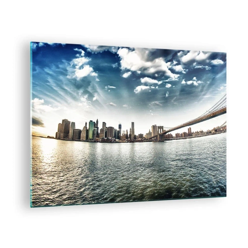Tablou pe sticlă - Panoramă a orașului New York cu podul Brooklyn - 70x50cm - Insula de sticlă - Decorațiune modernă pentru perete pentru living și dormitor ARTTOR