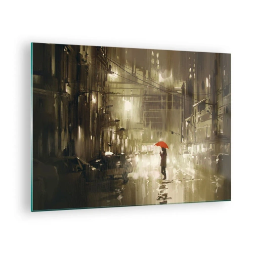 Tablou pe sticlă - Persoană cu umbrelă roșie în lumina ploioasă a orașului noaptea - 70x50cm - Singură, dar nu singuratică - Decorațiune modernă pentru perete pentru living și dormitor ARTTOR