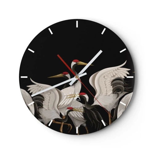 Ceas de perete - Ceas pe sticlă - Un grup de macarale pe fundal negru într-o ilustrație stilizată - 30x30cm - Problemele importante ale păsărilor - Decorațiune modernă pentru perete pentru living, bucătărie și dormitor ARTTOR