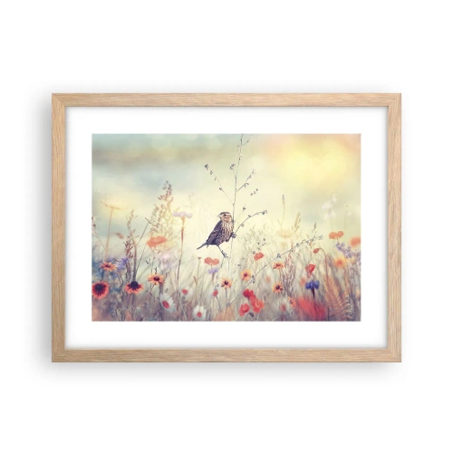 Poster în ramă de stejar deschis - Portret de pasăre cu o pajiște în fundal - 40x30 cm