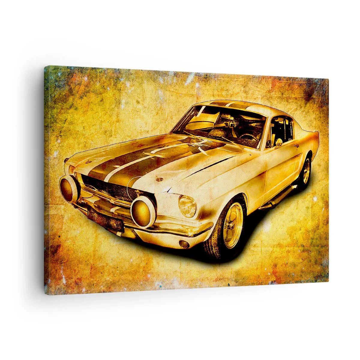 Tablou pe pânză Canvas - Mașină sport retro clasică pe un fundal vintage în tonuri aurii - 70x50cm - Nebunii ani '70. - Decorațiune modernă pentru perete pentru living și dormitor ARTTOR