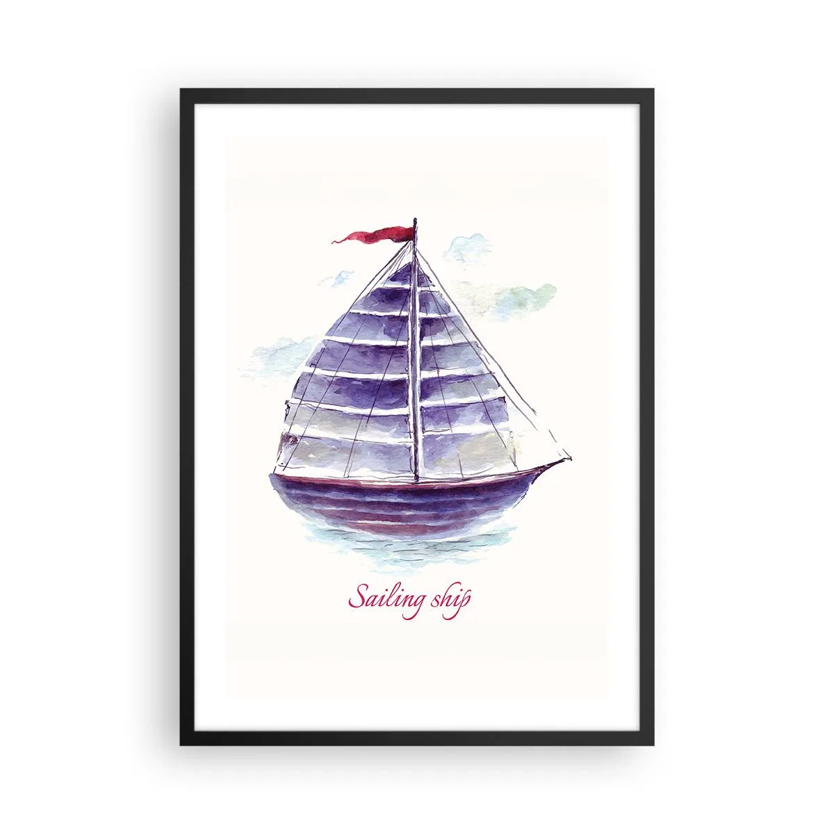 Poster în ramă neagră - Ilustrație în acuarelă a unei nave cu pânze pe ape calme - 50x70cm - Pânze pline și apă calmă - Decorațiune modernă pentru perete pentru living și dormitor ARTTOR