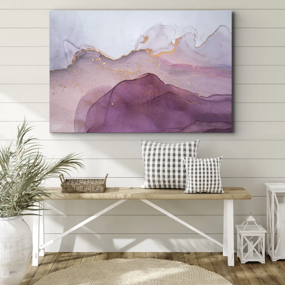 Tablou pe pânză Canvas - O compoziție abstractă în nuanțe de violet și auriu. - 70x50cm - Valuri de liliac și violet - Decorațiune modernă pentru perete pentru living și dormitor ARTTOR