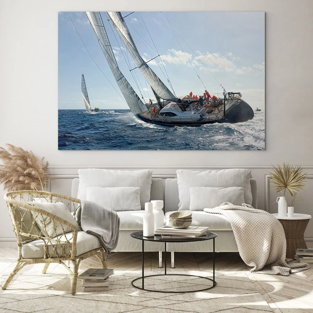 Tablou pe sticlă - Iahturi de curse pe marea deschisă cu vântul în pânze - 70x50cm - Să câștige cel mai bun - Decorațiune modernă pentru perete pentru living și dormitor ARTTOR