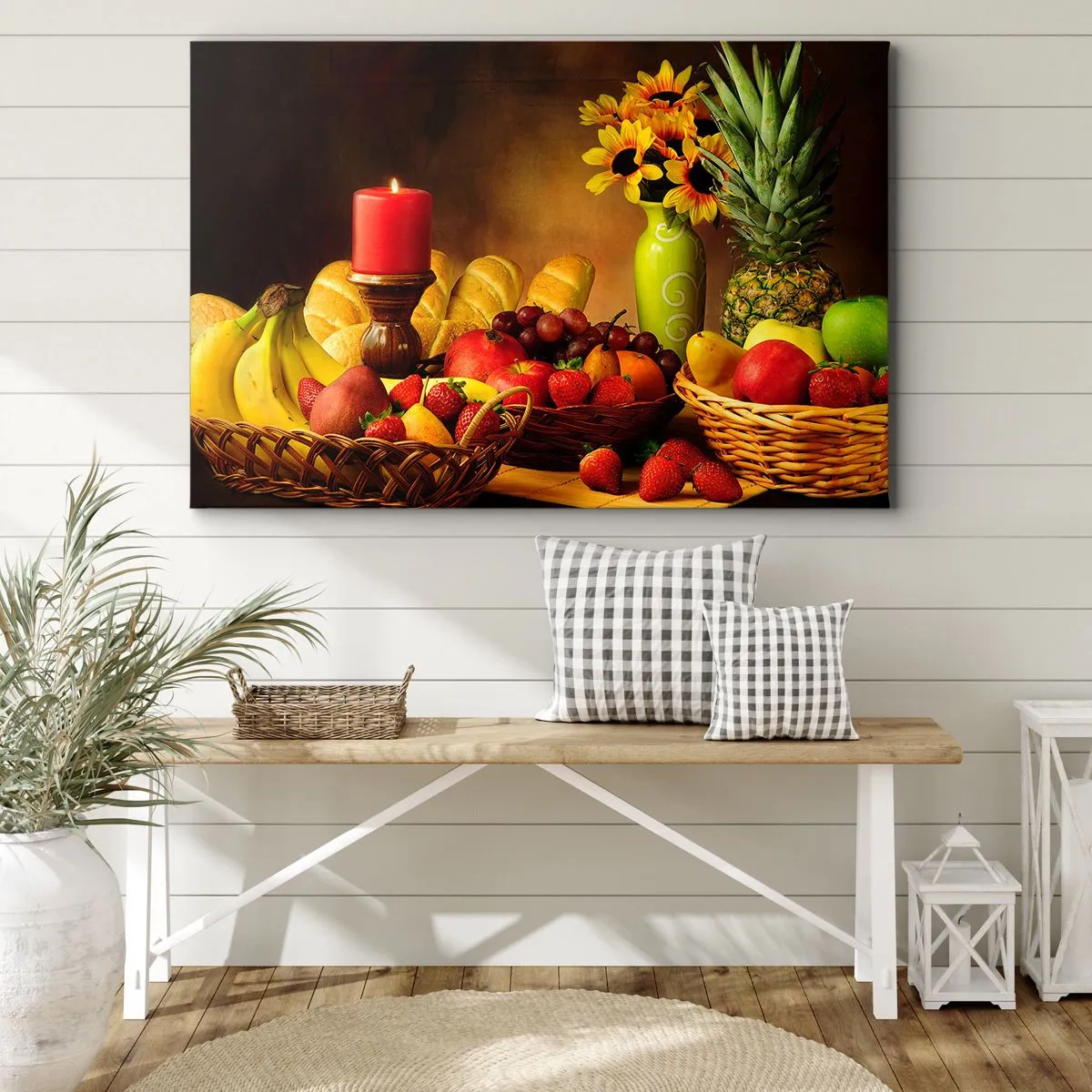 Tablou pe pânză Canvas - Natură statică cu fructe, pâine, lumânare și flori - 70x50cm - Natură moarte cu pâine și fructe - Decorațiune modernă pentru perete pentru living și dormitor ARTTOR