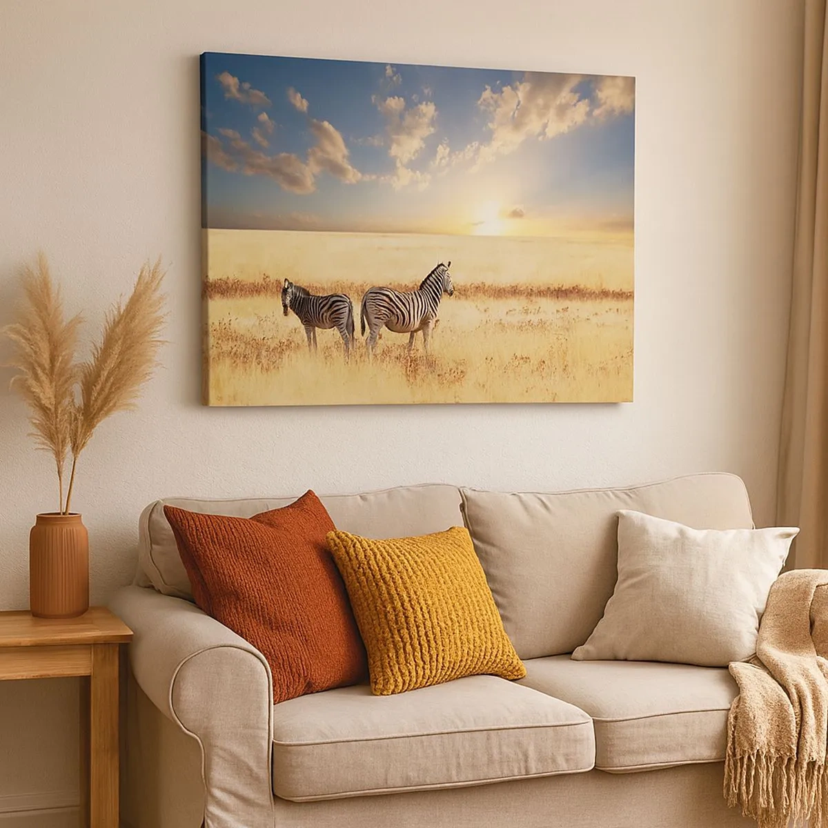 Tablou pe pânză Canvas - Două zebre pe savană în razele soarelui apus - 70x50cm - Plecați, nu tulburați liniștea - Decorațiune modernă pentru perete pentru living și dormitor ARTTOR