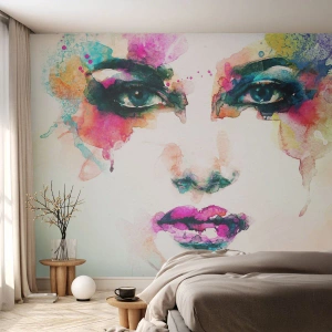 Fototapetă personalizată Autocolant Deluxe Sticker - Portret pictat cu un curcubeu - Abstracția, Chipul de femeie, Bucată