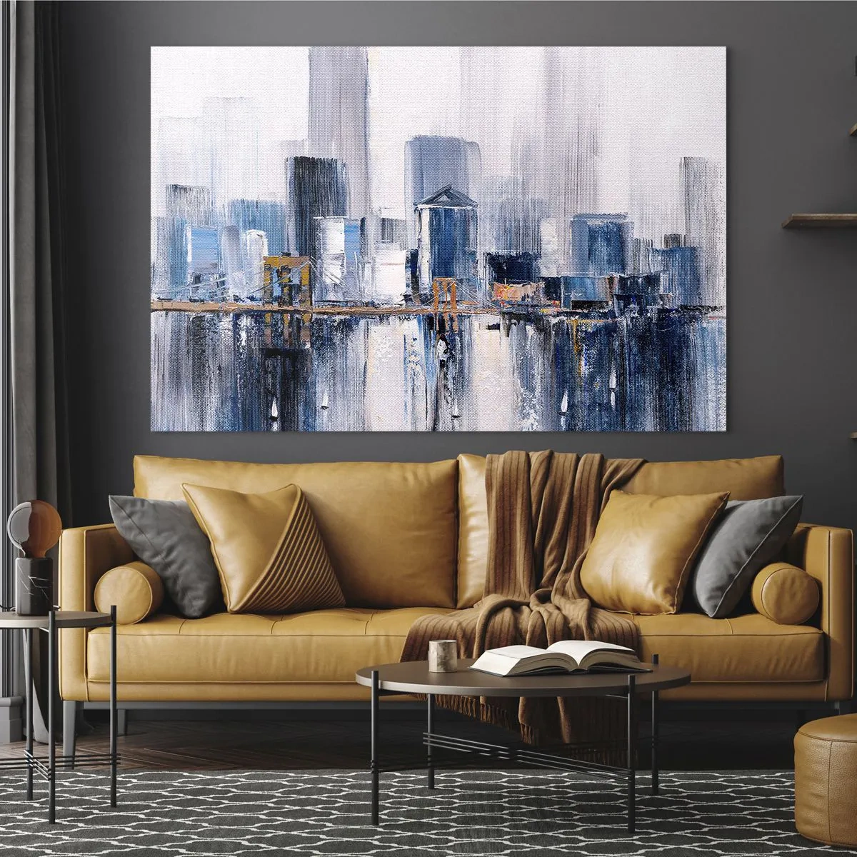 Tablou pe sticlă - Panoramă abstractă a orașului cu zgârie-nori și un pod în culori reci - 70x50cm - Impresie de New York - Decorațiune modernă pentru perete pentru living și dormitor ARTTOR
