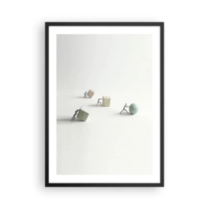 Poster în ramă neagră - Figurine miniaturale împingând forme geometrice colorate - 50x70cm - Viața însăși - Decorațiune modernă pentru perete pentru living și dormitor ARTTOR