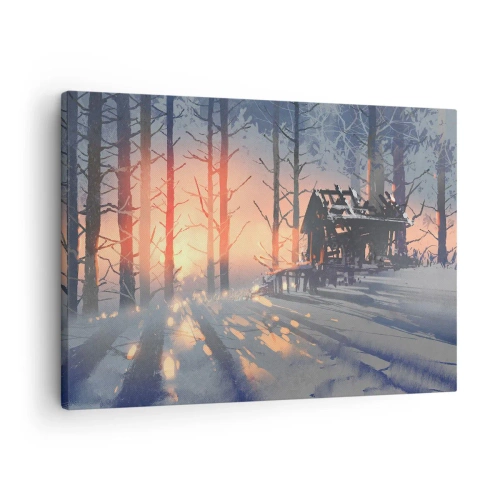 Tablou pe pânză Canvas - O căsuță în pădure într-un peisaj de iarnă cu razele soarelui apus - 70x50cm - Doar soarele se strecoară - Decorațiune modernă pentru perete pentru living și dormitor ARTTOR