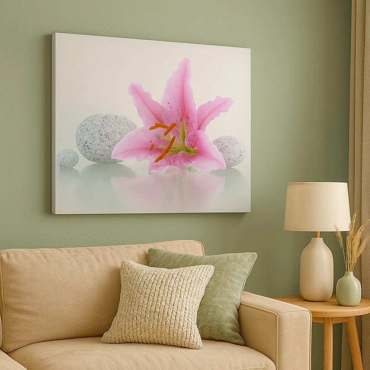 Tablou pe pânză Canvas - floare de crin roz cu pietre pe un fundal deschis - 70x50cm - Studiu în roz, gri și alb - Decorațiune modernă pentru perete pentru living și dormitor ARTTOR
