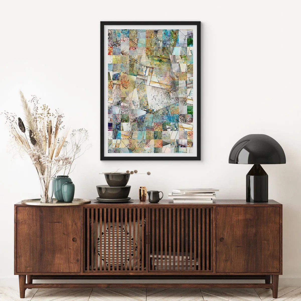 Poster în ramă neagră - Un mozaic abstract de forme geometrice în tonuri pământii. - 50x70cm - Remaniere geometrică - Decorațiune modernă pentru perete pentru living și dormitor ARTTOR