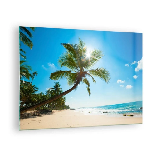 Tablou pe sticlă - Plajă tropicală cu palmieri și cer albastru - 70x50cm - Nu arăta nimănui - Decorațiune modernă pentru perete pentru living și dormitor ARTTOR