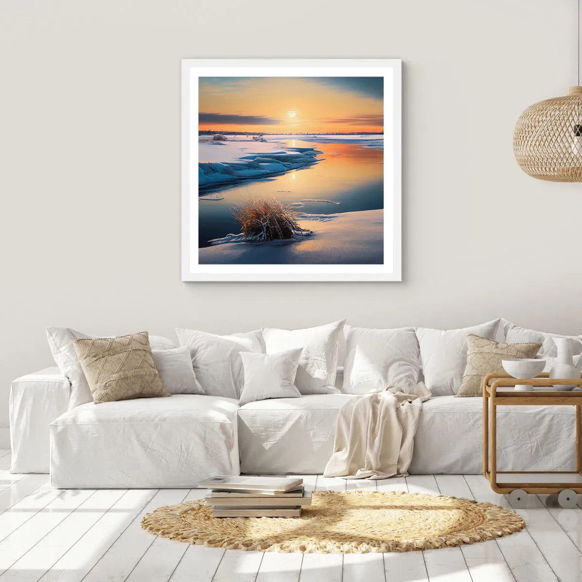 Poster în ramă albă - Apus de soare pe timp de iarnă - 60x60 cm