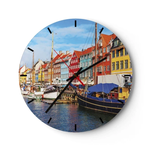 Ceas de perete - Ceas pe sticlă - Case și bărci colorate în port într-o zi însorită - 30x30cm - Portul vesel - Decorațiune modernă pentru perete pentru living, bucătărie și dormitor ARTTOR