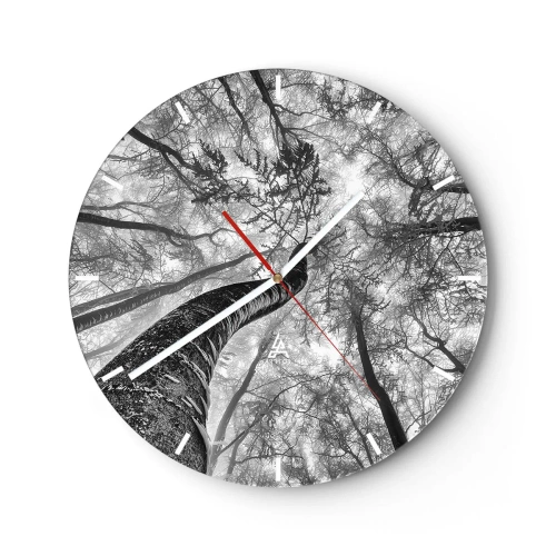 Ceas de perete - Ceas pe sticlă - Vedere alb-negru a vârfurilor copacilor dintr-o perspectivă ascendentă - 30x30cm - Cursa spre lumină - Decorațiune modernă pentru perete pentru living, bucătărie și dormitor ARTTOR