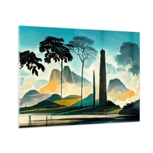 Tablou pe sticlă - Un peisaj fantastic cu munți, copaci și o stâncă impunătoare - 70x50cm - Din ce în ce mai sus - Decorațiune modernă pentru perete pentru living și dormitor ARTTOR