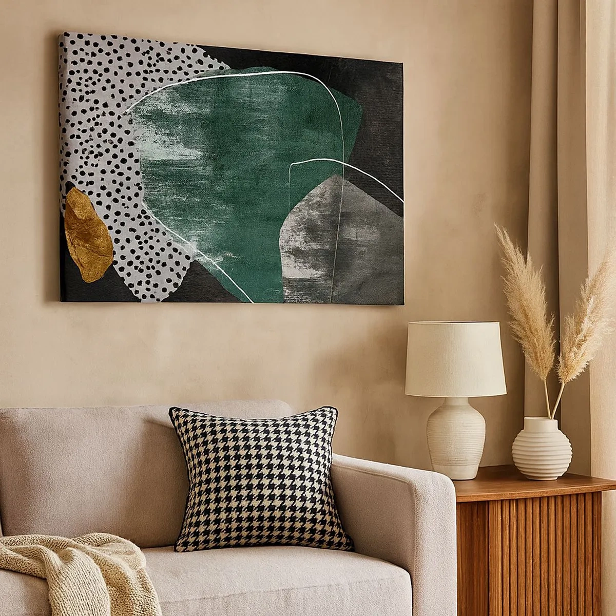 Tablou pe pânză Canvas - Compoziție abstractă cu forme verzi și modele de puncte - 70x50cm - Abstracție colorată cu fulgi de aur - Decorațiune modernă pentru perete pentru living și dormitor ARTTOR