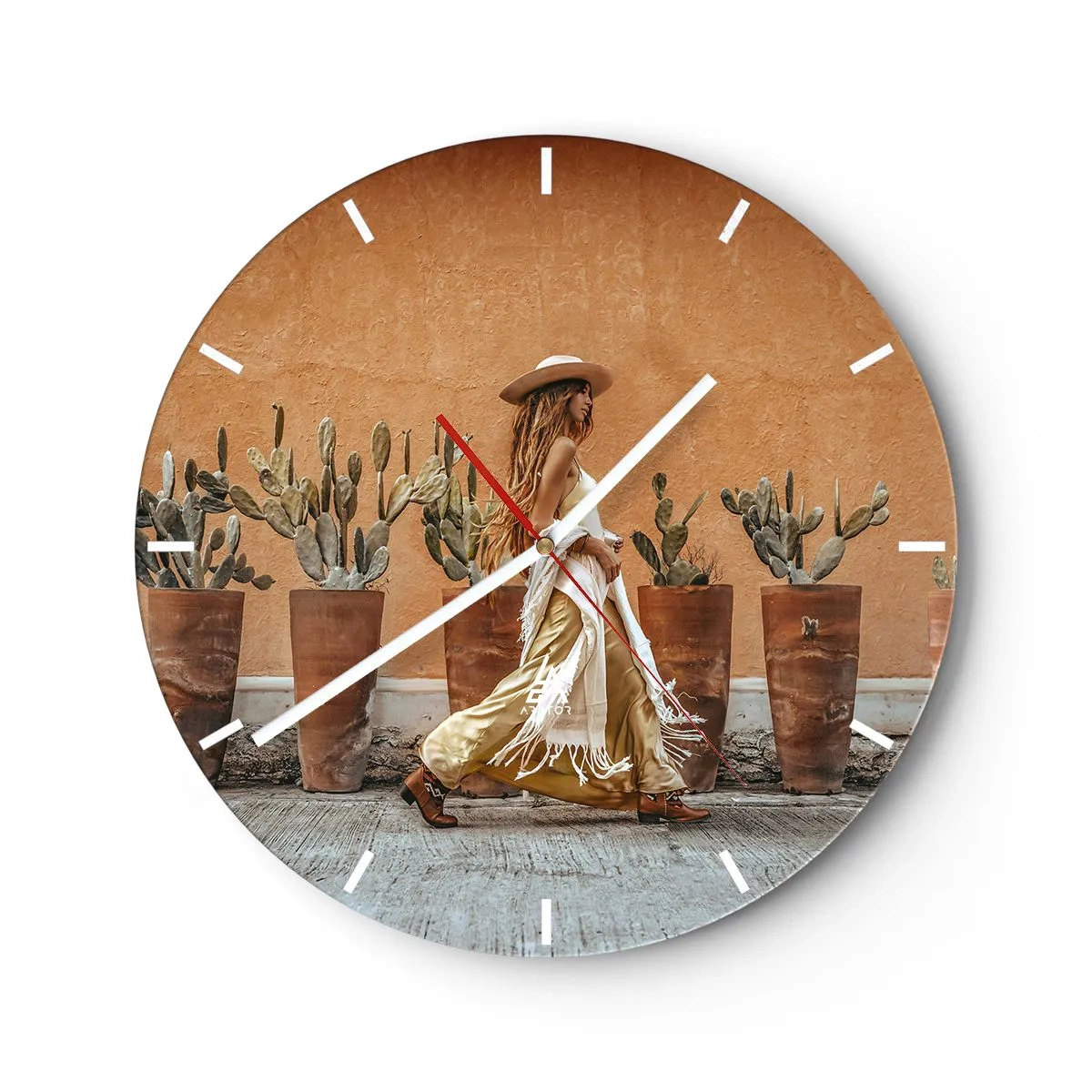 Ceas de perete - Ceas pe sticlă - Femeie hippie stilizată pe un fundal de ghivece de cactuși - 30x30cm - În stilul hippie - Decorațiune modernă pentru perete pentru living, bucătărie și dormitor ARTTOR
