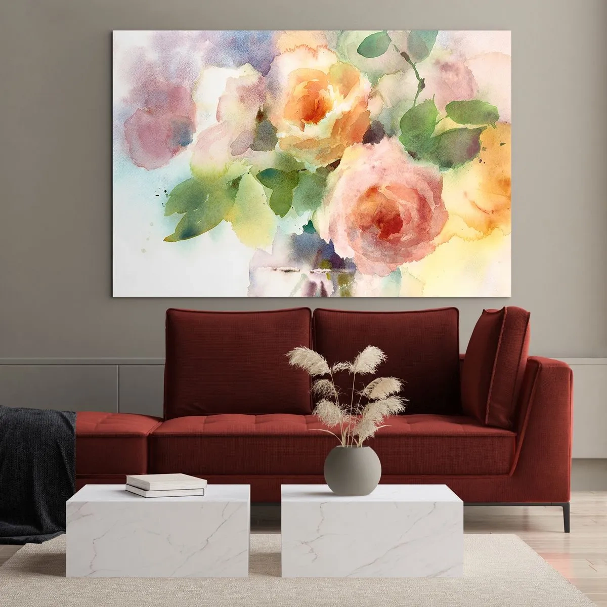 Tablou pe sticlă - O pictură în acuarelă cu trandafiri în culori pastelate delicate. - 70x50cm - Delicat ca o acuarelă - Decorațiune modernă pentru perete pentru living și dormitor ARTTOR