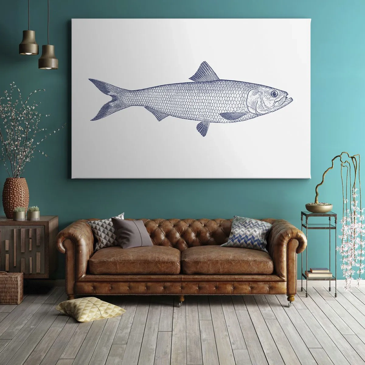 Tablou pe pânză Canvas - Ilustrație a unui pește în nuanțe de albastru pe un fundal deschis - 70x50cm - Salutări din mările nordice - Decorațiune modernă pentru perete pentru living și dormitor ARTTOR