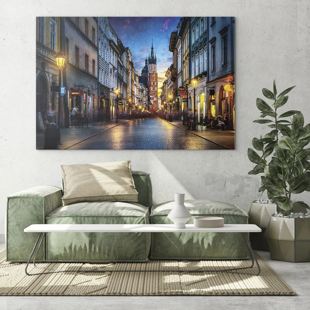 Tablou pe sticlă - Vedere de seară a orașului vechi cu biserica în fundal - 70x50cm - Farmecul Cracoviei - Decorațiune modernă pentru perete pentru living și dormitor ARTTOR