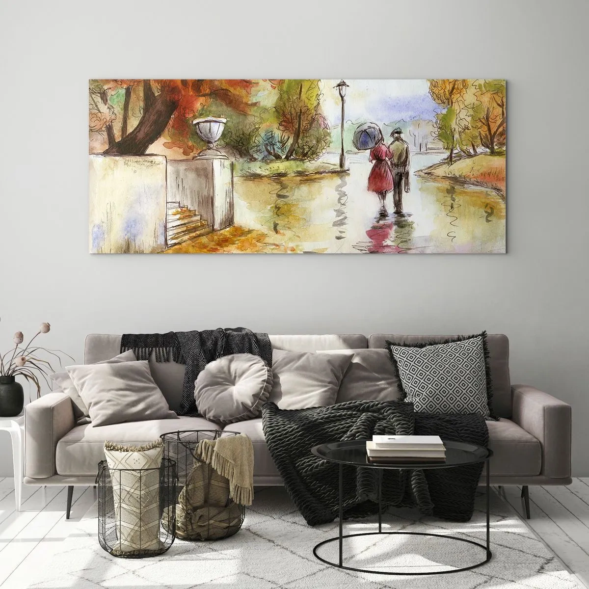 Tablou pe sticlă - Toamnă romantică în parc - 90x30 cm