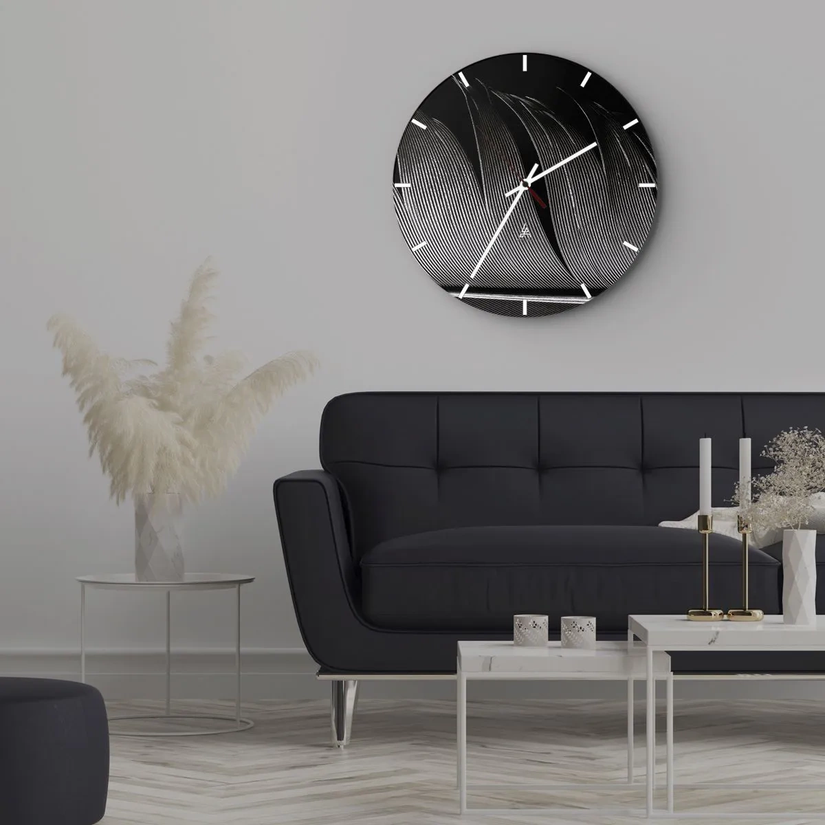 Ceas de perete - Ceas pe sticlă - Prim-plan al unei pene în contrast alb-negru - 30x30cm - Pana - o construcție minunată - Decorațiune modernă pentru perete pentru living, bucătărie și dormitor ARTTOR