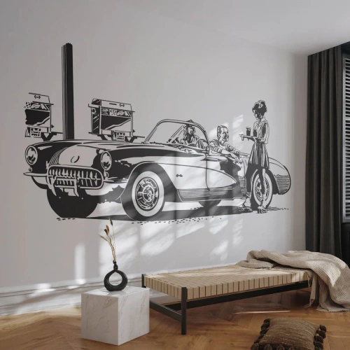 Tapet Premium Sand - 60. - America fără griji - Mașină de epocă, Benzinărie, America - 250x175 cm