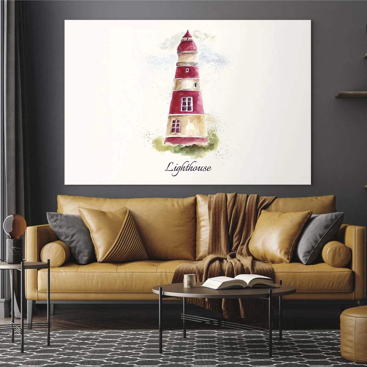 Tablou pe sticlă - Far în acuarelă cu inscripția Far - 70x50cm - Întotdeauna vreme bună - Decorațiune modernă pentru perete pentru living și dormitor ARTTOR