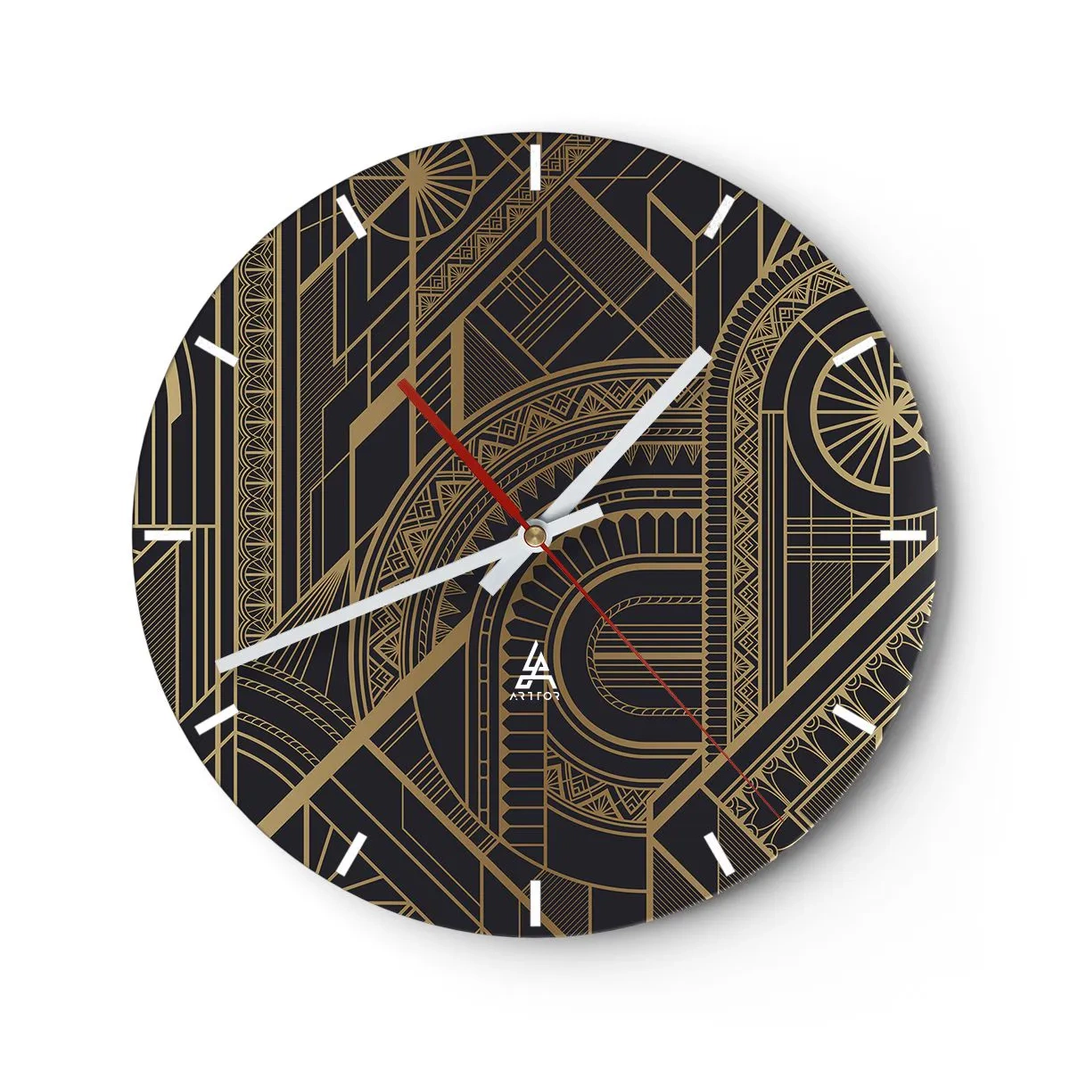 Ceas de perete - Ceas pe sticlă - Model geometric abstract în culori aurii - 30x30cm - Concepte, idei, planuri - Decorațiune modernă pentru perete pentru living, bucătărie și dormitor ARTTOR