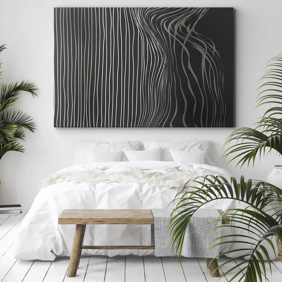 Tablou pe pânză Canvas - Linii albe pe un fundal gri închis într-un aranjament abstract - 70x50cm - Ritm și accent - Decorațiune modernă pentru perete pentru living și dormitor ARTTOR