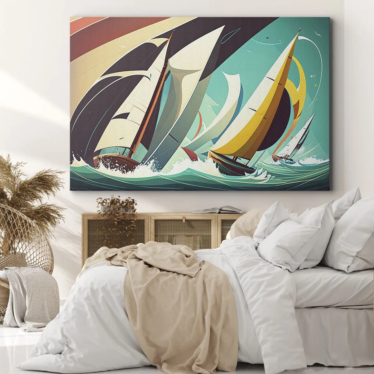 Tablou pe pânză Canvas - O ilustrație dinamică a unor bărci cu pânze pe o mare furtunoasă. - 70x50cm - Voinici și învingători - Decorațiune modernă pentru perete pentru living și dormitor ARTTOR