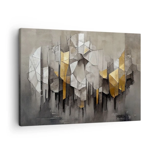Tablou pe pânză Canvas - Abstracție geometrică în nuanțe de auriu și gri - 70x50cm - Compoziție de gheață și lumină - Decorațiune modernă pentru perete pentru living și dormitor ARTTOR