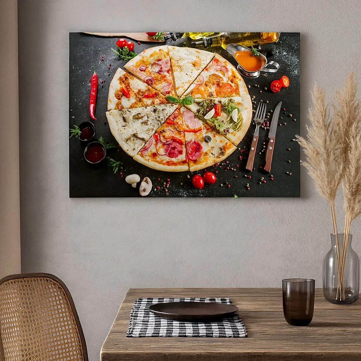 Tablou pe pânză Canvas - Pizza în diverse arome cu un fundal de toppinguri - 70x50cm - Un evantai de arome - Decorațiune modernă pentru perete pentru living și dormitor ARTTOR